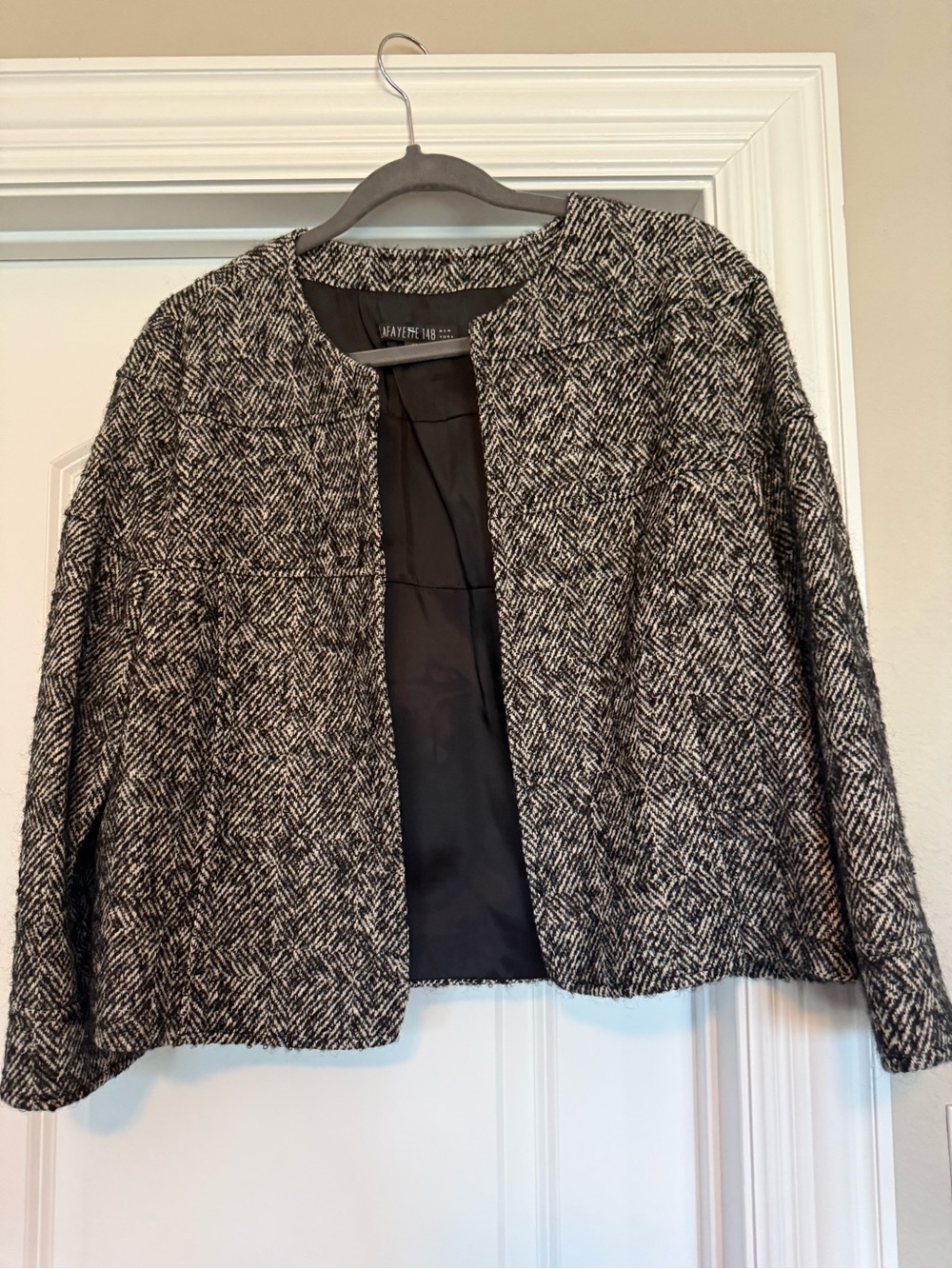 Lafayette 148 New York Black & White Tweed Open-Front crop Jacket w/ 3/4 Sleeves